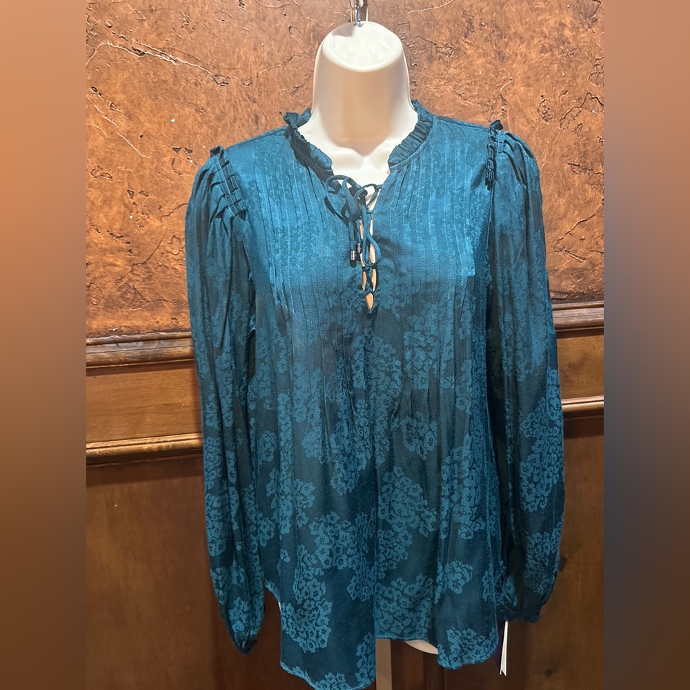 NWT SIZE M Hale Bob Deep Teal Floral Lace-Up Blouse